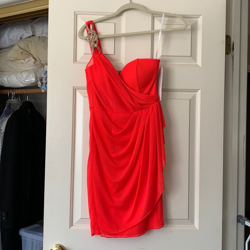 One shoulder neon coral dress